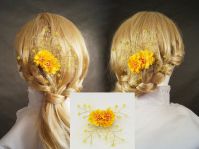 Ozdoba do włosów żółta dwa kwiatki ozdobione koralikami