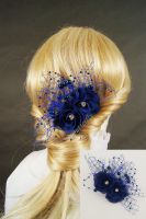 Ozdoba do włosów, stroik granatowy dwa szyfonowe kwiatki z woalką i koralikami.